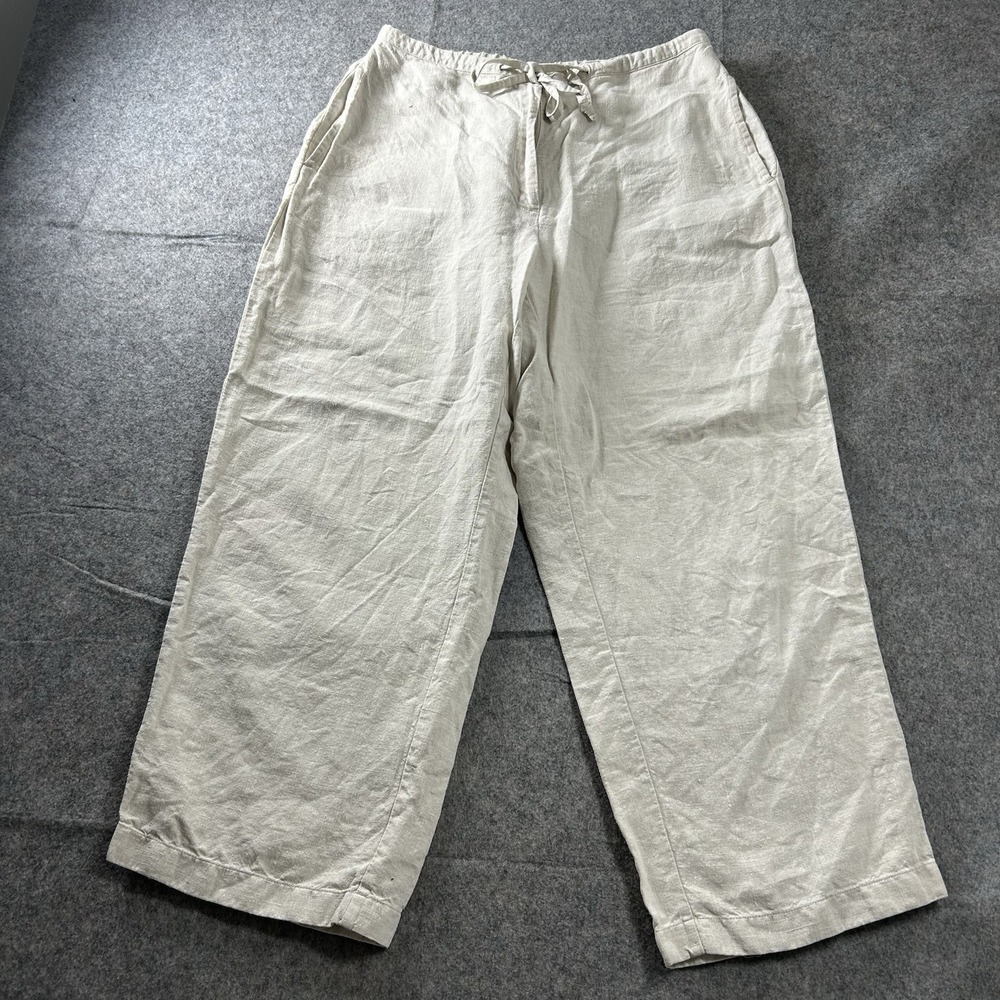 LL Bean 100% Linen Pants Womens 12 Beige Classic Fit Straight Crop Quiet Luxury